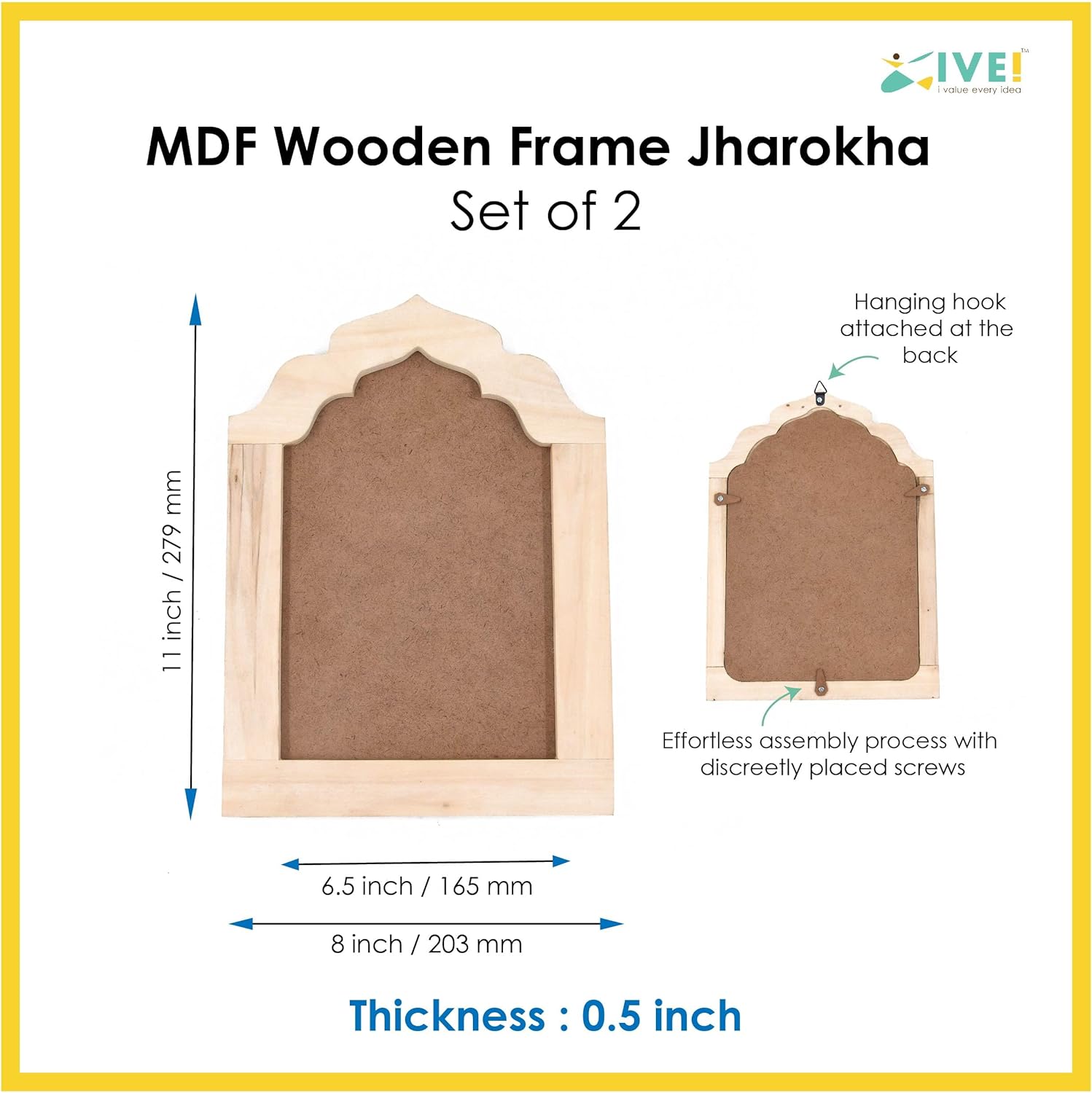 IVEI MDF DIY Jharokha Wall Decor - Set of 2, 8x11 - Paint & Decorate for Crafts & Decoupage - Durable, Easy Assembly with Hanging Hook