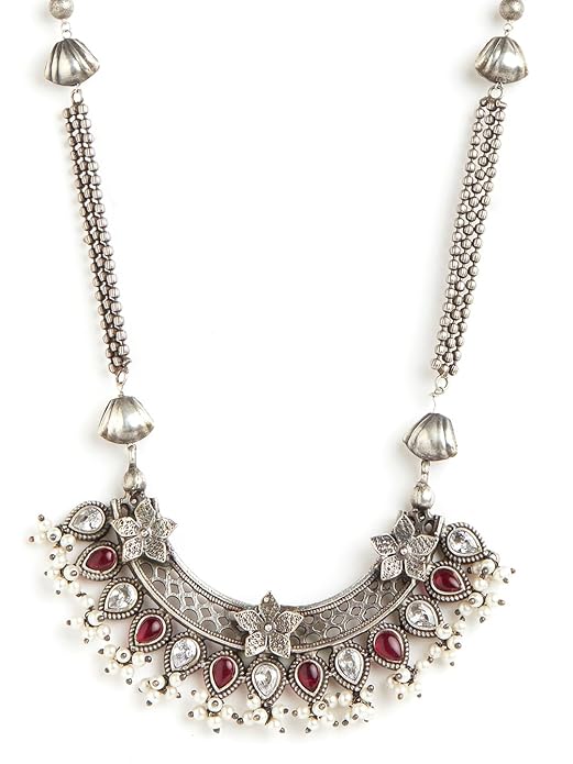 Binni s Wardrobe Women Gold-Plated Kolhapuri Long Inticrated Desgin And Polki Sturctured Necklace Set (Pink)