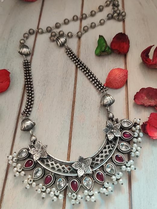 Binni s Wardrobe Women Gold-Plated Kolhapuri Long Inticrated Desgin And Polki Sturctured Necklace Set (Pink)