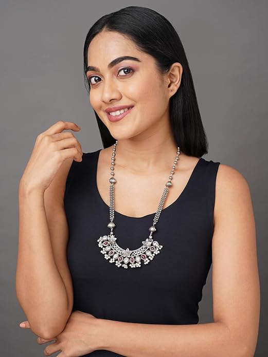 Binni s Wardrobe Women Gold-Plated Kolhapuri Long Inticrated Desgin And Polki Sturctured Necklace Set (Pink)