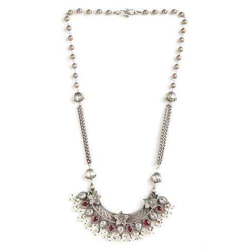 Binni s Wardrobe Women Gold-Plated Kolhapuri Long Inticrated Desgin And Polki Sturctured Necklace Set (Pink)