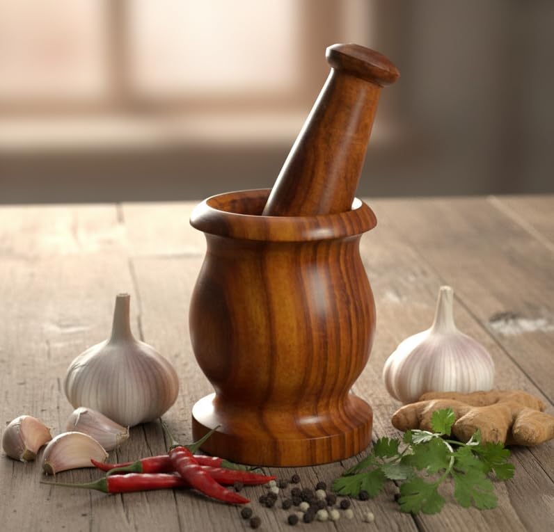 KLEO Wooden Grinder Masher for Spices & Medicine | Okhli Musal Set | Mortar Pestle Set | Imaam Dasta, Kharal, Khalbatta for Kitchen (‎Indo 3.5IN Okhli)