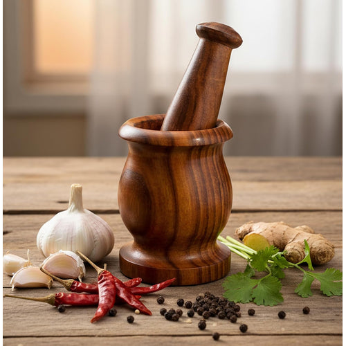 KLEO Wooden Grinder Masher for Spices & Medicine | Okhli Musal Set | Mortar Pestle Set | Imaam Dasta, Kharal, Khalbatta for Kitchen (Indo 3.5IN Okhli)