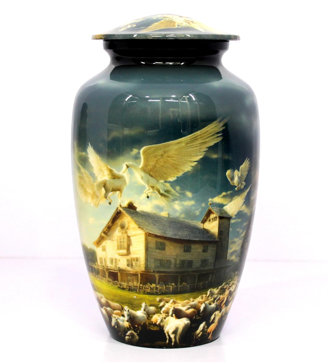 eSplanade Cremation Urn Memorial Human Ashes Container Jar Pot | Burial Funeral Urns | Pegasus Flying Horses House - 10" Inches (Full Size)