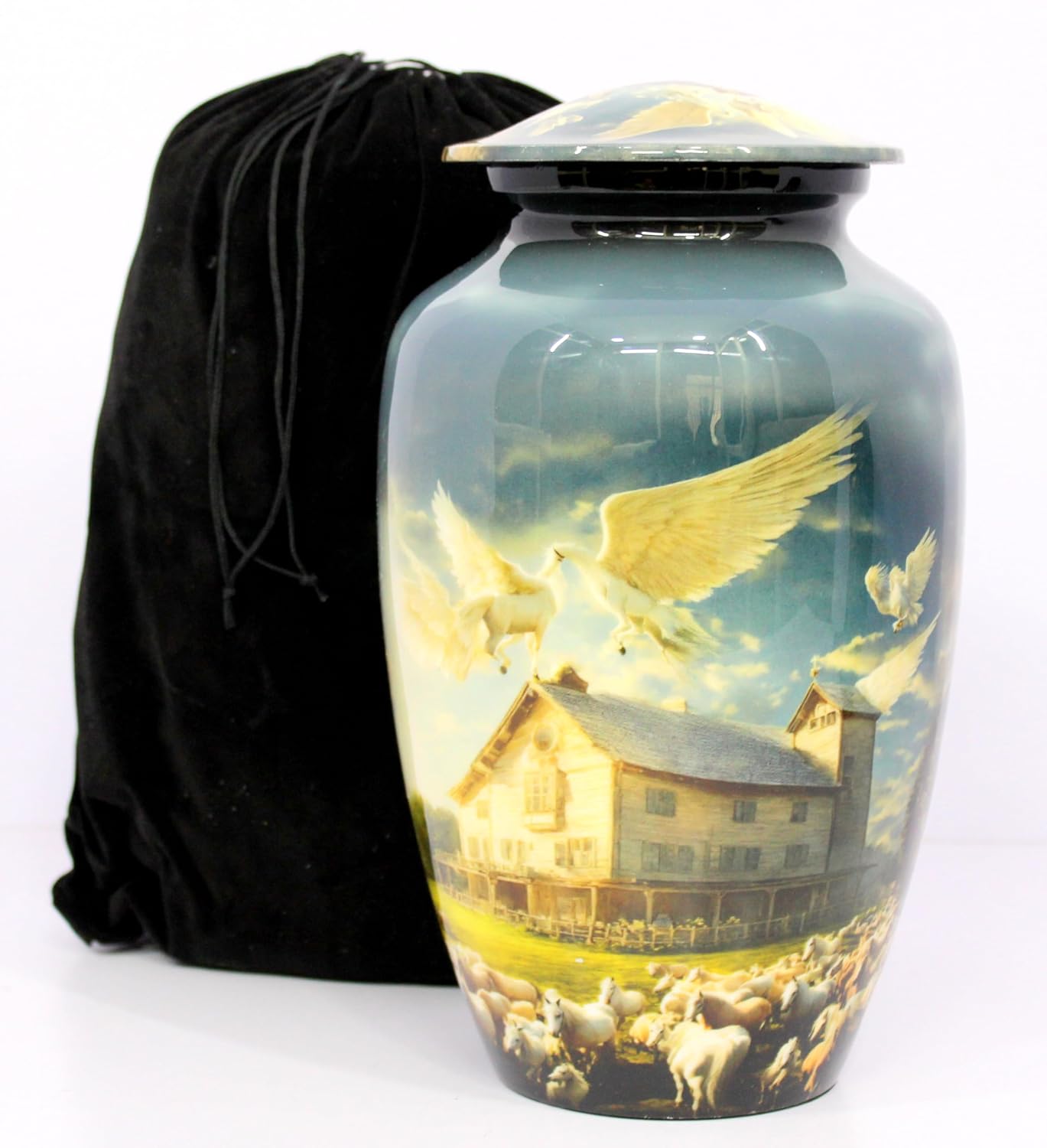 eSplanade Cremation Urn Memorial Human Ashes Container Jar Pot | Burial Funeral Urns | Pegasus Flying Horses House - 10" Inches (Full Size)