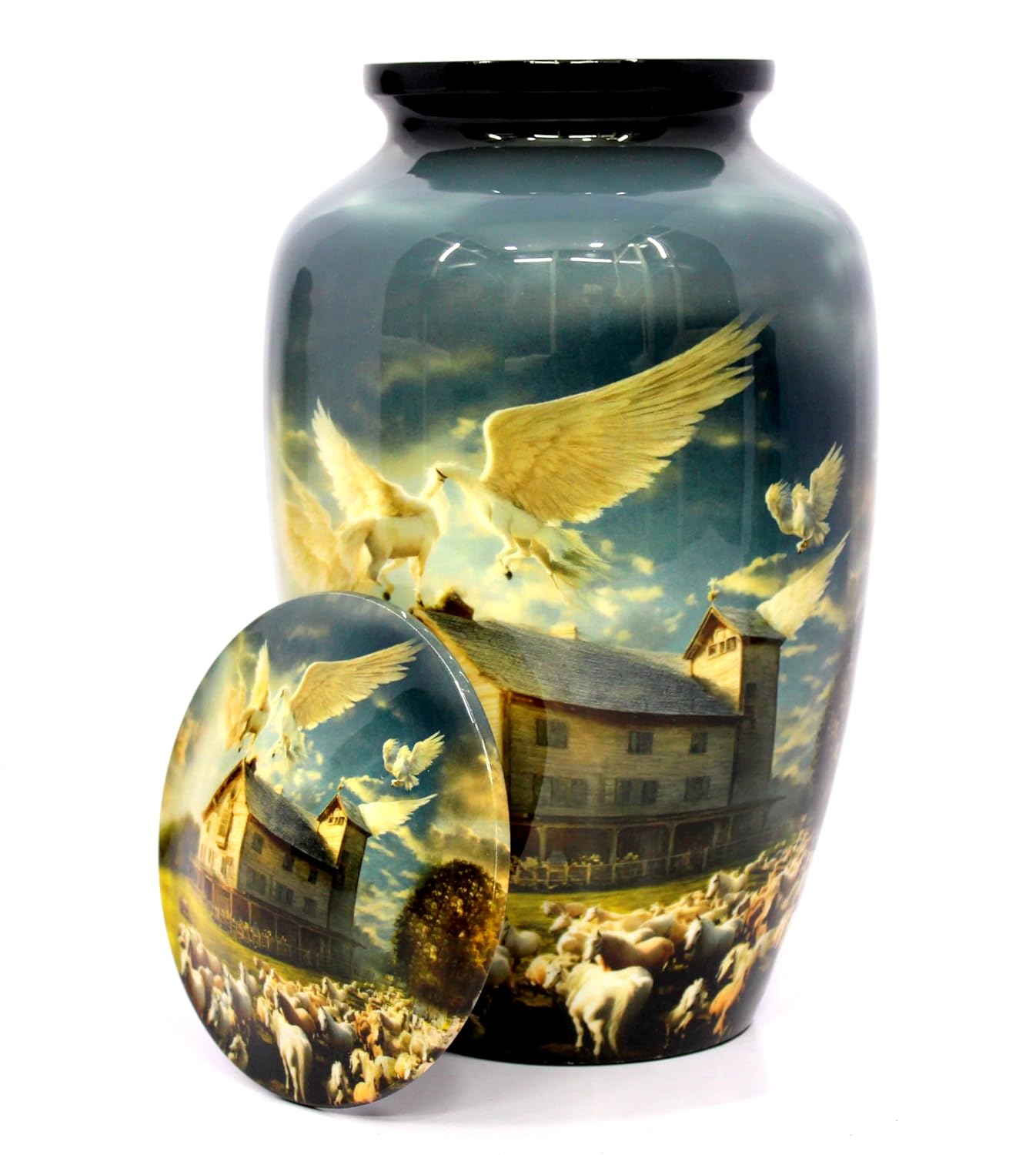eSplanade Cremation Urn Memorial Human Ashes Container Jar Pot | Burial Funeral Urns | Pegasus Flying Horses House - 10" Inches (Full Size)
