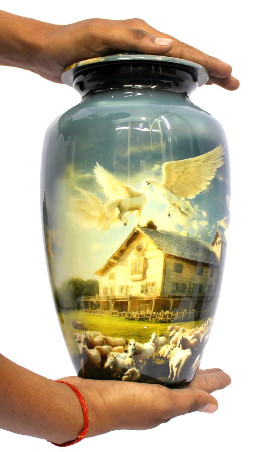 eSplanade Cremation Urn Memorial Human Ashes Container Jar Pot | Burial Funeral Urns | Pegasus Flying Horses House - 10" Inches (Full Size)