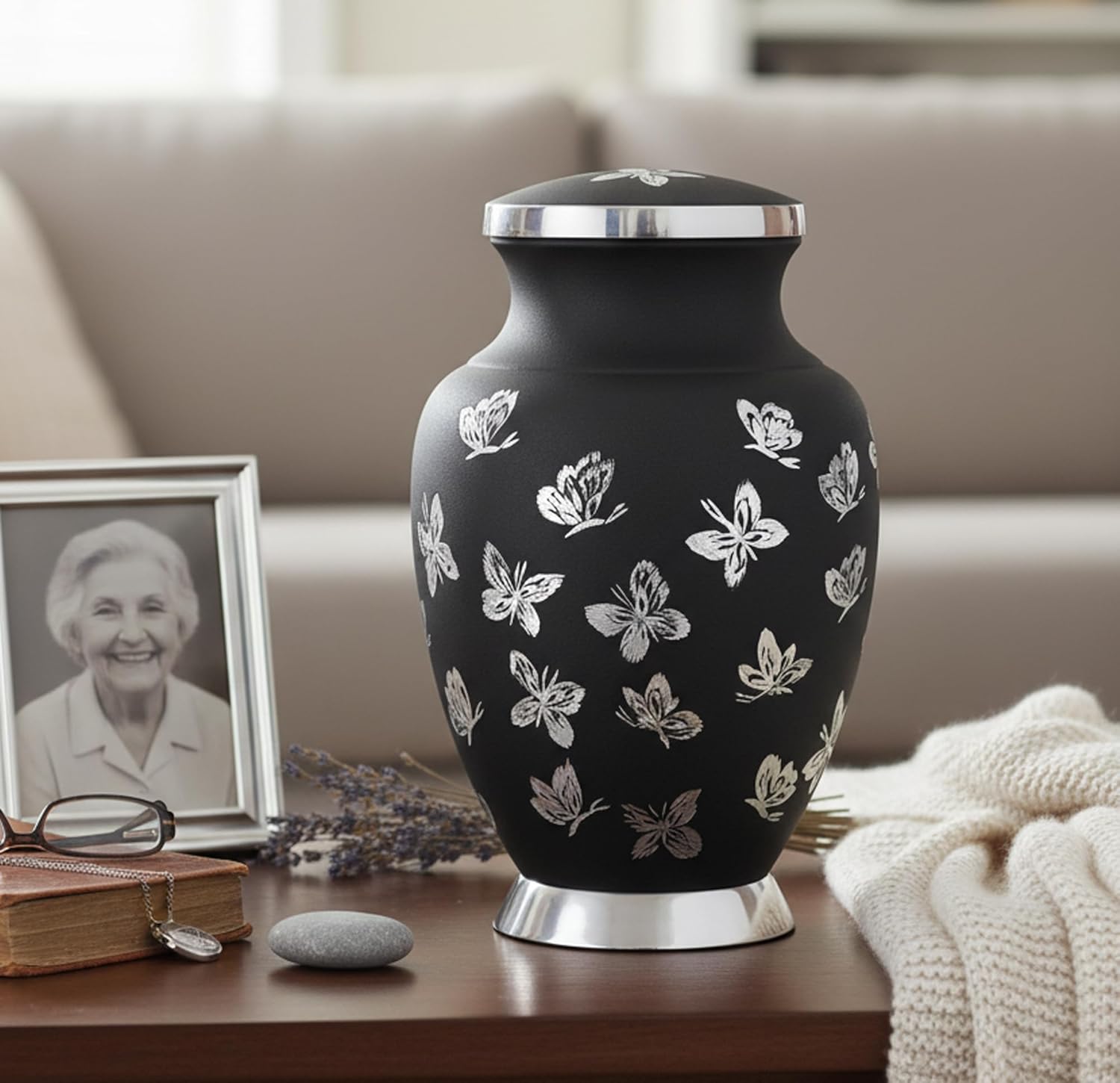 eSplanade Cremation Urn Memorial Human Ashes Container Jar Pot | Burial Funeral Urns | Black Butterflies - 10" Inches (Full Size)