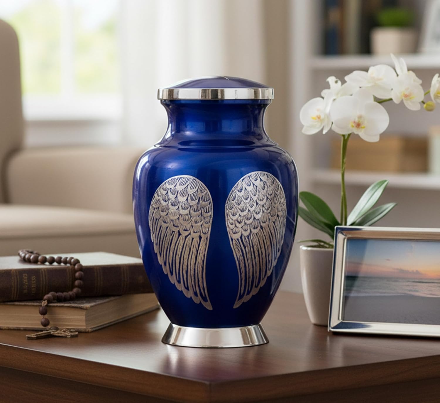 eSplanade Cremation Urn Memorial Human Ashes Container Jar Pot | Burial Funeral Urns | Angel Wings (Blue, 10" Inches)