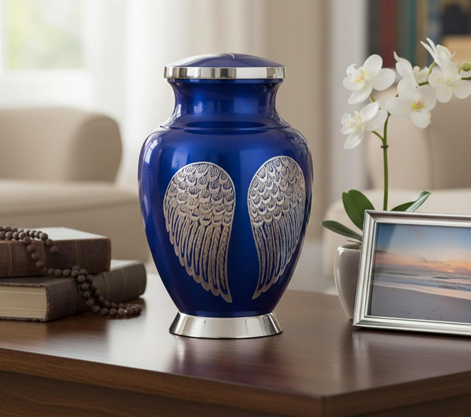 eSplanade Cremation Urn Memorial Human Ashes Container Jar Pot | Burial Funeral Urns | Angel Wings (Blue, 10" Inches)