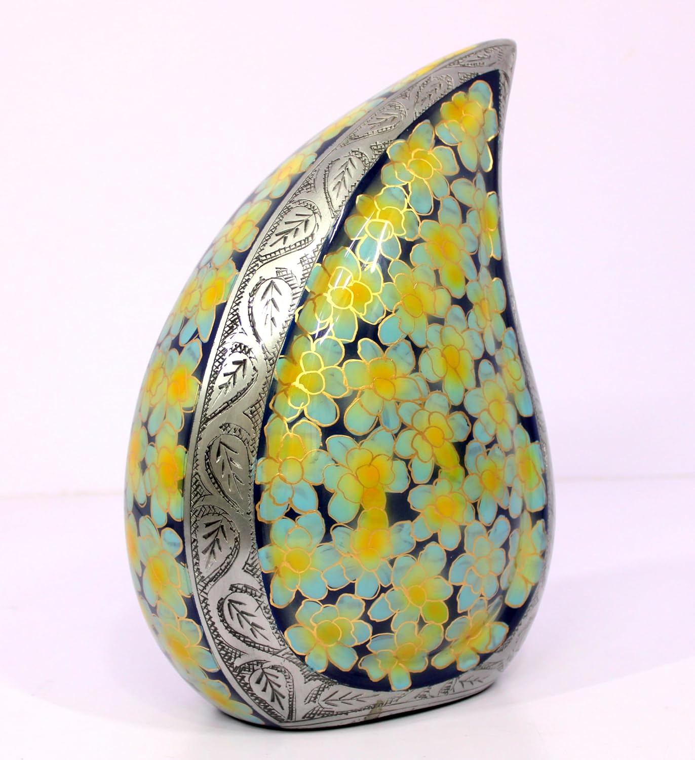 eSplanade Cremation Urn Memorial Human Ashes Container Jar Pot | Burial Funeral Urns | Teardrop Shape Green Flowers - 10 Inches