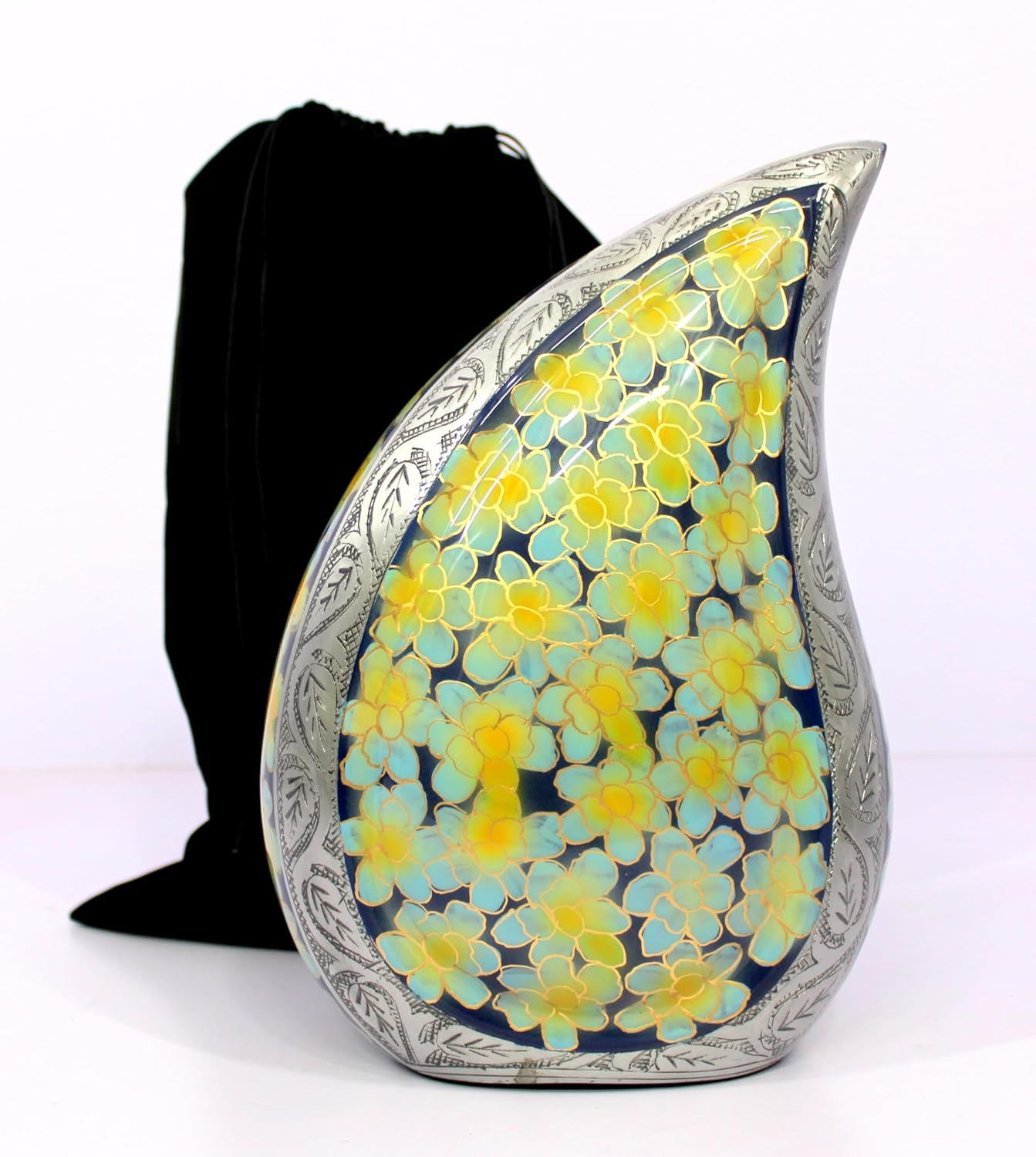 eSplanade Cremation Urn Memorial Human Ashes Container Jar Pot | Burial Funeral Urns | Teardrop Shape Green Flowers - 10 Inches