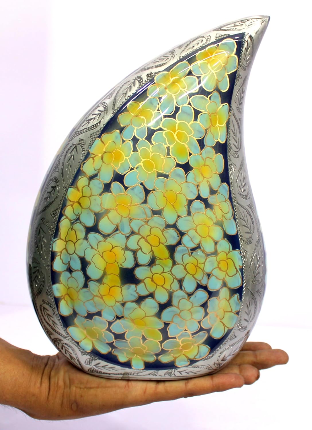 eSplanade Cremation Urn Memorial Human Ashes Container Jar Pot | Burial Funeral Urns | Teardrop Shape Green Flowers - 10 Inches