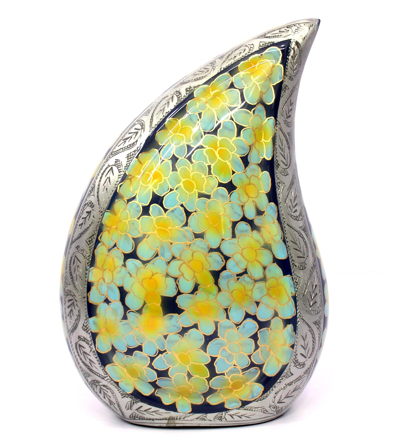 eSplanade Cremation Urn Memorial Human Ashes Container Jar Pot | Burial Funeral Urns | Teardrop Shape Green Flowers - 10 Inches