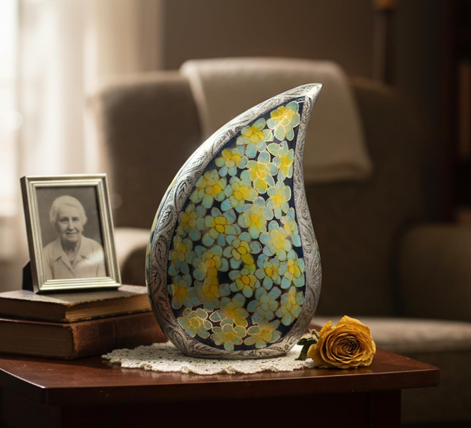 eSplanade Cremation Urn Memorial Human Ashes Container Jar Pot | Burial Funeral Urns | Teardrop Shape Green Flowers - 10 Inches