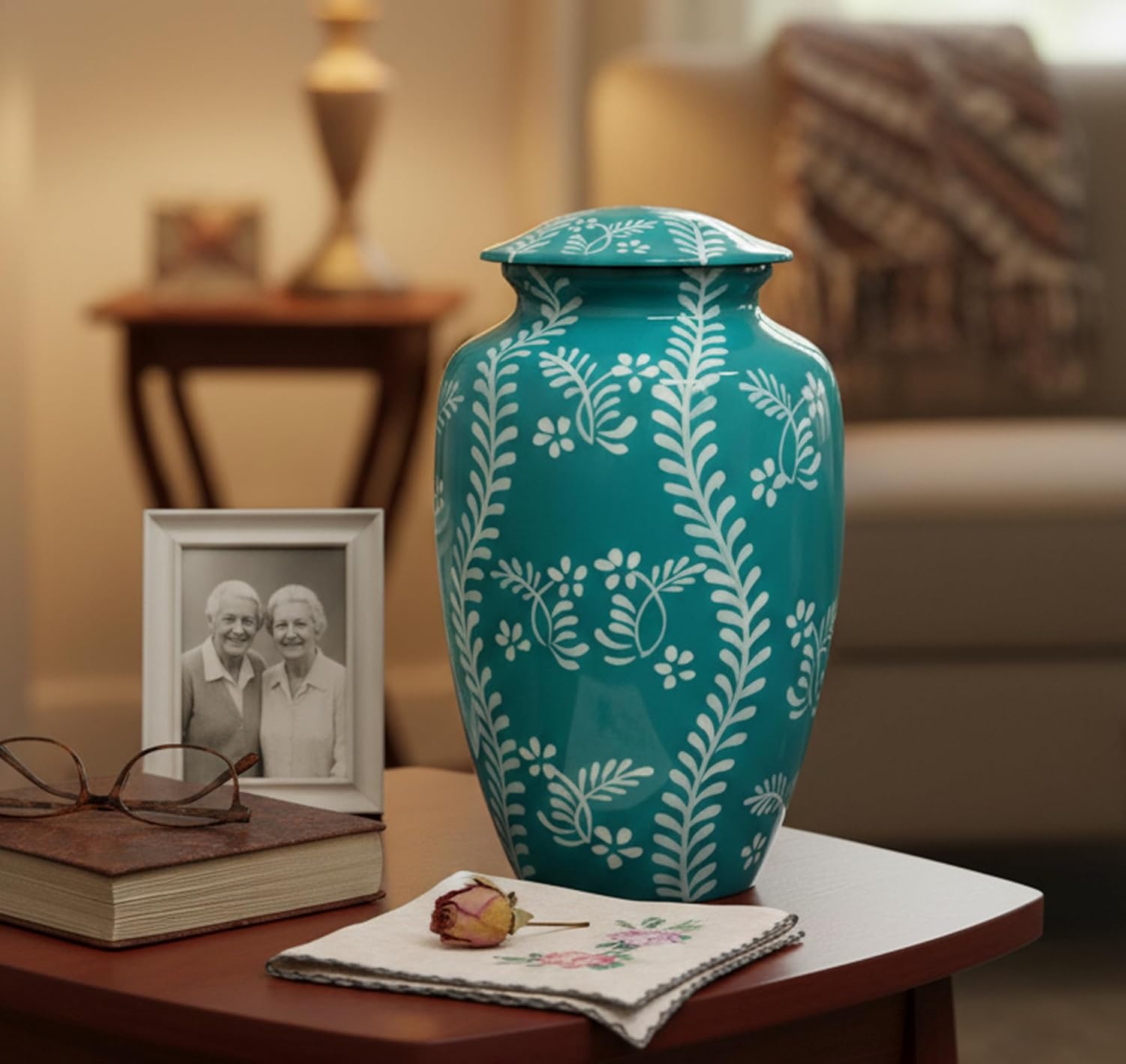 eSplanade Cremation Urn Memorial Human Ashes Container Jar Pot | Burial Funeral Urns | Teal Handmade Art - 10" Inches (Full Size)