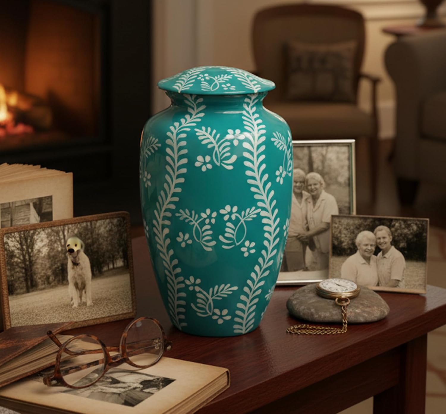 eSplanade Cremation Urn Memorial Human Ashes Container Jar Pot | Burial Funeral Urns | Teal Handmade Art - 10" Inches (Full Size)