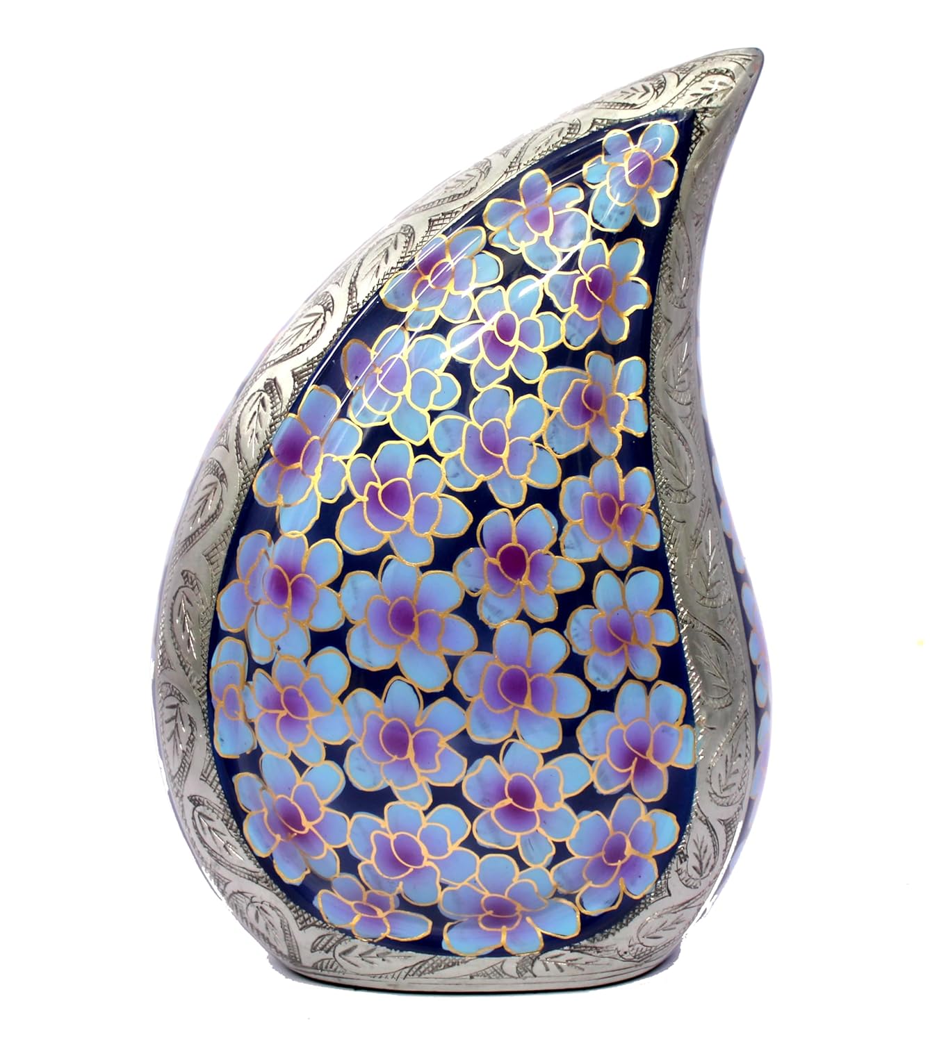 eSplanade Cremation Urn Memorial Human Ashes Container Jar Pot | Burial Funeral Urns | Teardrop Cremation Urn - Teardrop Shape Violet Flowers - 10 Inches
