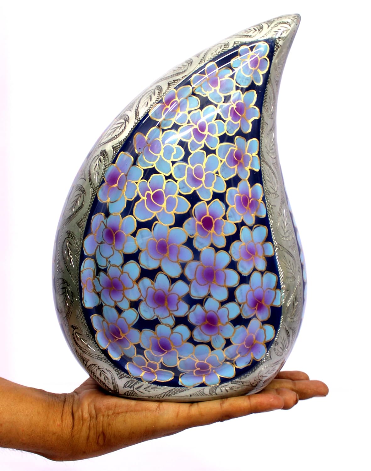 eSplanade Cremation Urn Memorial Human Ashes Container Jar Pot | Burial Funeral Urns | Teardrop Cremation Urn - Teardrop Shape Violet Flowers - 10 Inches