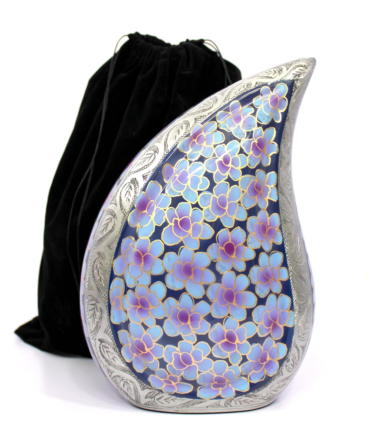 eSplanade Cremation Urn Memorial Human Ashes Container Jar Pot | Burial Funeral Urns | Teardrop Cremation Urn - Teardrop Shape Violet Flowers - 10 Inches