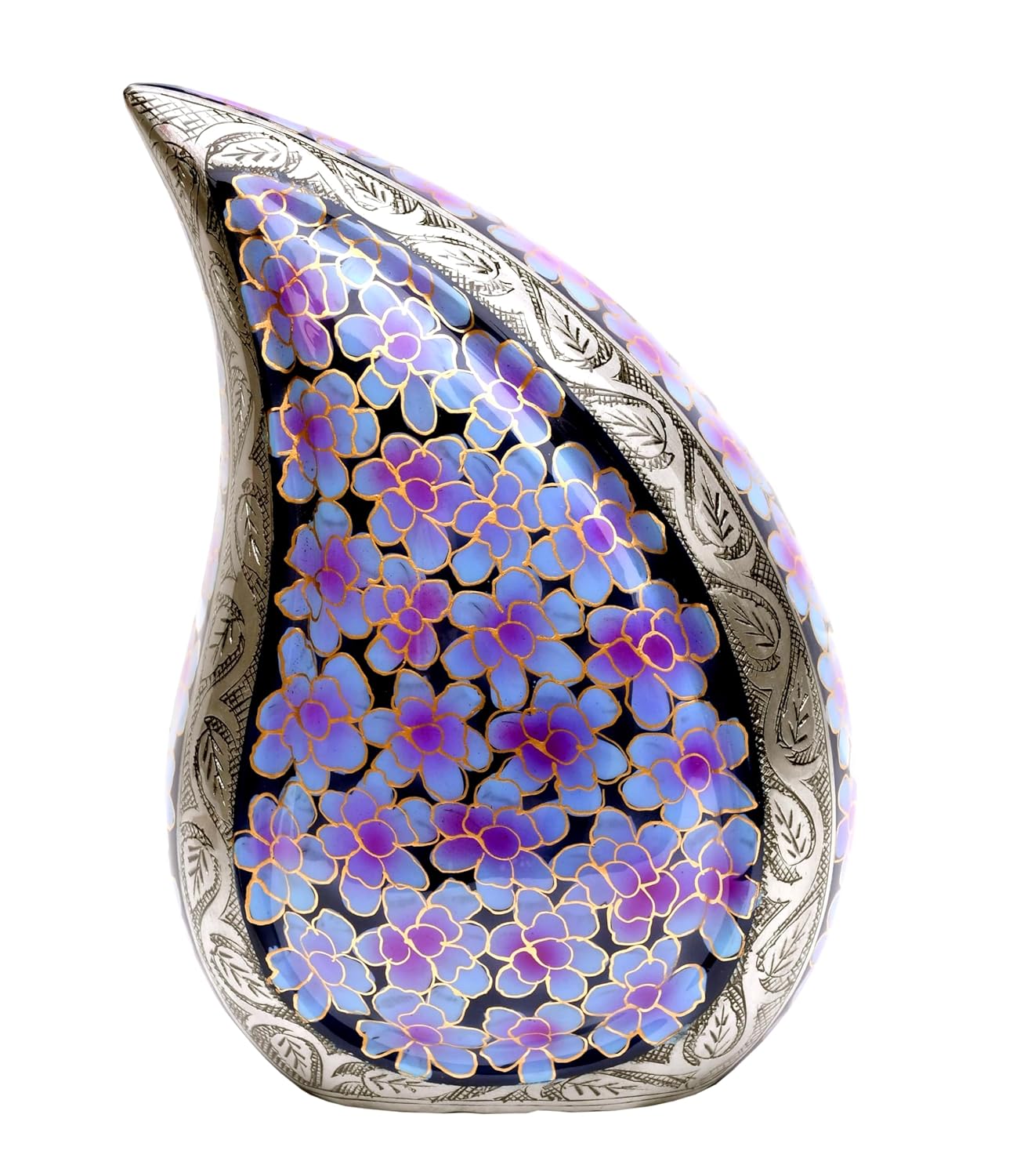 eSplanade Cremation Urn Memorial Human Ashes Container Jar Pot | Burial Funeral Urns | Teardrop Cremation Urn - Teardrop Shape Violet Flowers - 10 Inches