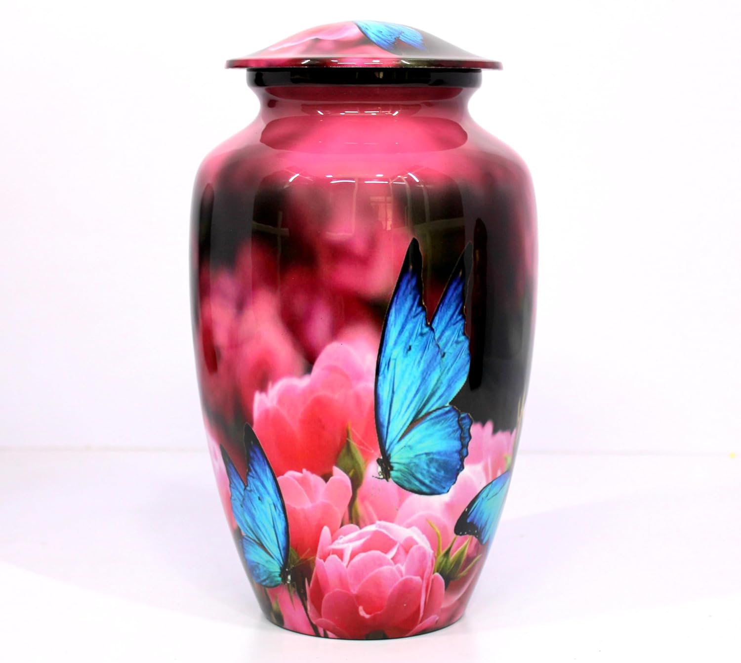 eSplanade Cremation Urn Memorial Human Ashes Container Jar Pot | Burial Funeral Urns | Pink Flowers Blue Butterfly Print - 10" Inches (Full Size)