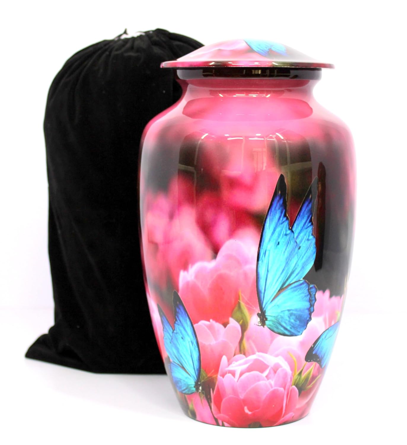 eSplanade Cremation Urn Memorial Human Ashes Container Jar Pot | Burial Funeral Urns | Pink Flowers Blue Butterfly Print - 10" Inches (Full Size)