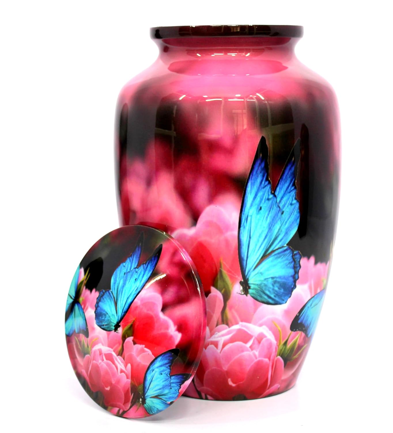 eSplanade Cremation Urn Memorial Human Ashes Container Jar Pot | Burial Funeral Urns | Pink Flowers Blue Butterfly Print - 10" Inches (Full Size)