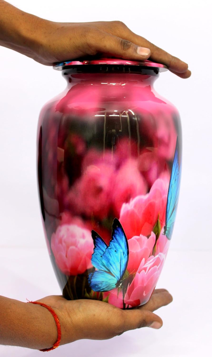 eSplanade Cremation Urn Memorial Human Ashes Container Jar Pot | Burial Funeral Urns | Pink Flowers Blue Butterfly Print - 10" Inches (Full Size)