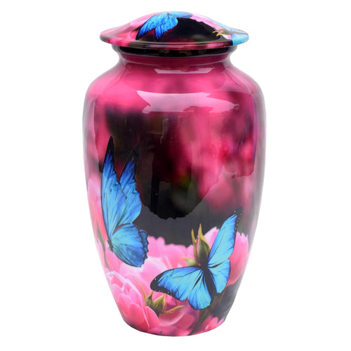 eSplanade Cremation Urn Memorial Human Ashes Container Jar Pot | Burial Funeral Urns | Pink Flowers Blue Butterfly Print - 10