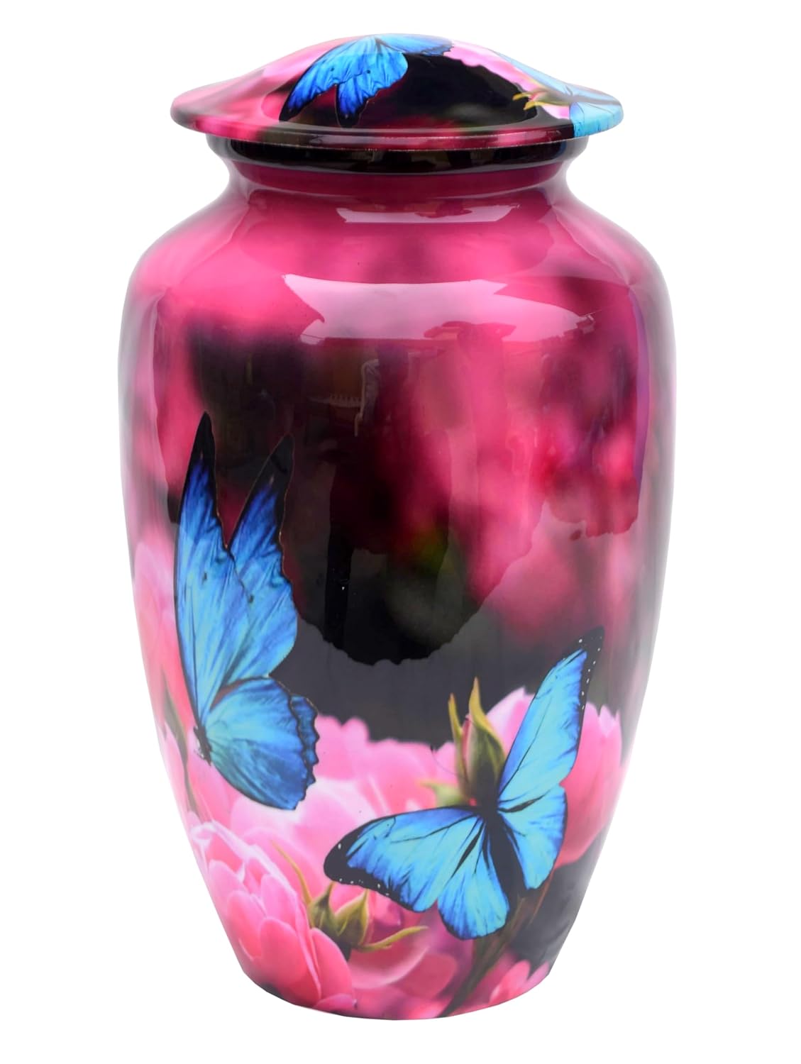 eSplanade Cremation Urn Memorial Human Ashes Container Jar Pot | Burial Funeral Urns | Pink Flowers Blue Butterfly Print - 10" Inches (Full Size)