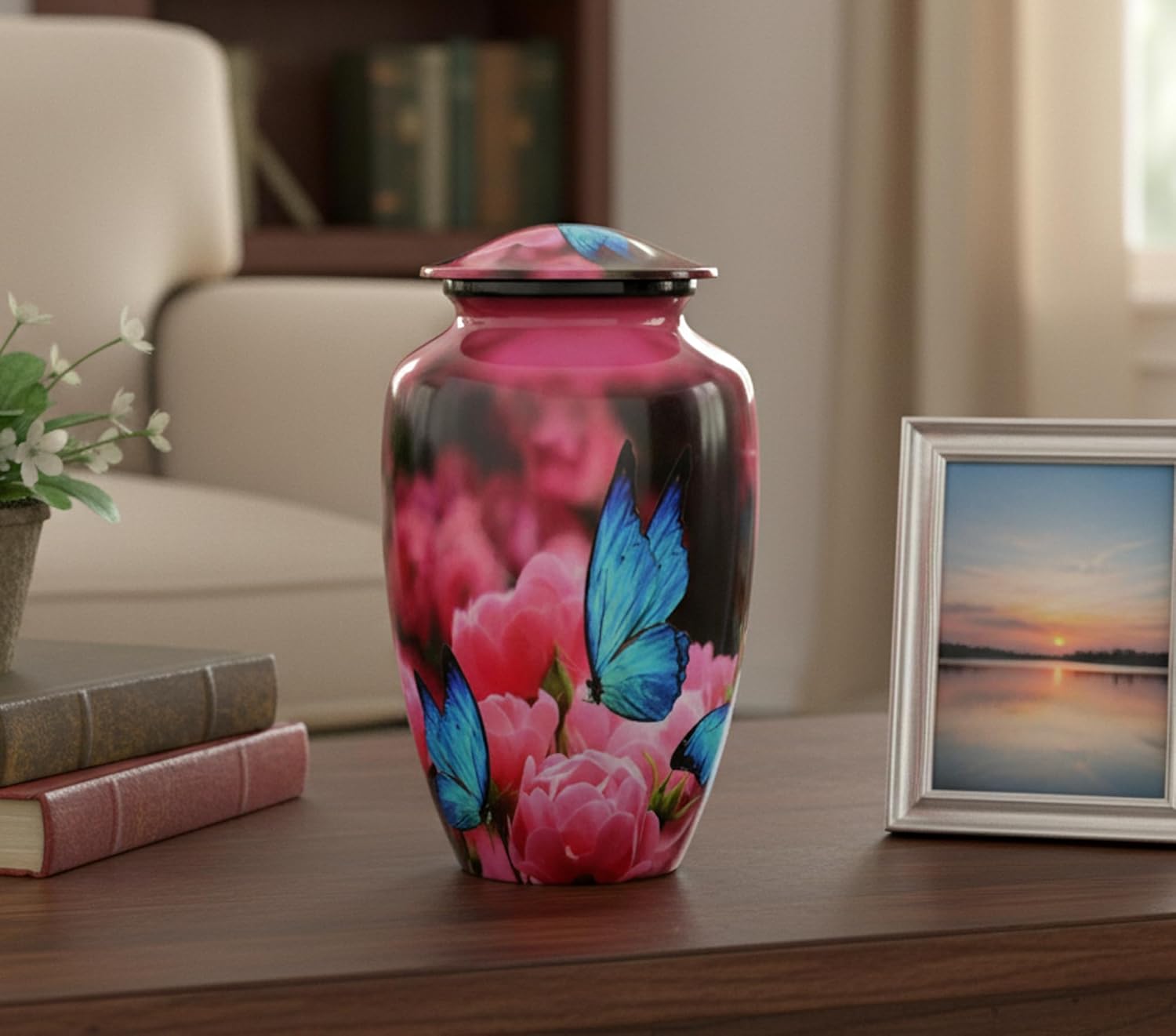 eSplanade Cremation Urn Memorial Human Ashes Container Jar Pot | Burial Funeral Urns | Pink Flowers Blue Butterfly Print - 10" Inches (Full Size)