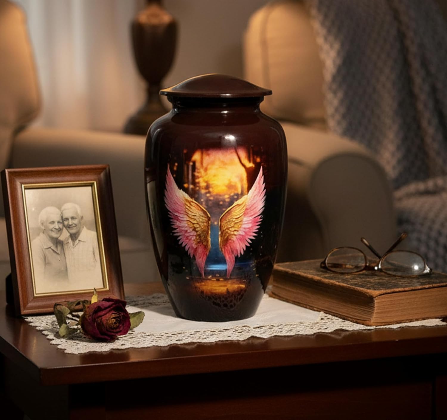 eSplanade Cremation Urn Memorial Human Ashes Container Jar Pot | Burial Funeral Urns | Brown Angel Wings - 10" Inches (Full Size)