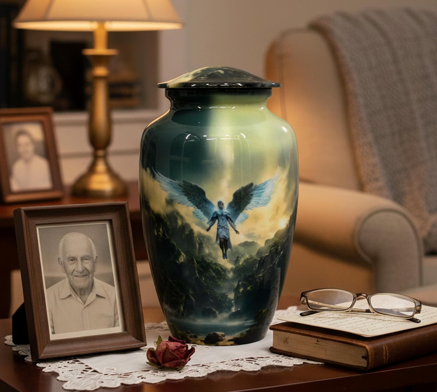 eSplanade Cremation Urn Memorial Human Ashes Container Jar Pot | Burial Funeral Urns | Multi-Colour Angel Print - 10 Inches (Full Size)