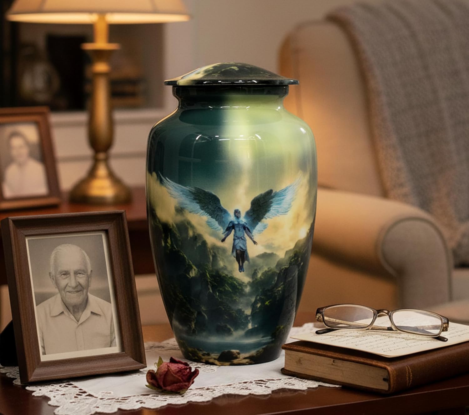 eSplanade Cremation Urn Memorial Human Ashes Container Jar Pot | Burial Funeral Urns | Multi-Colour Angel Print - 10 Inches (Full Size)