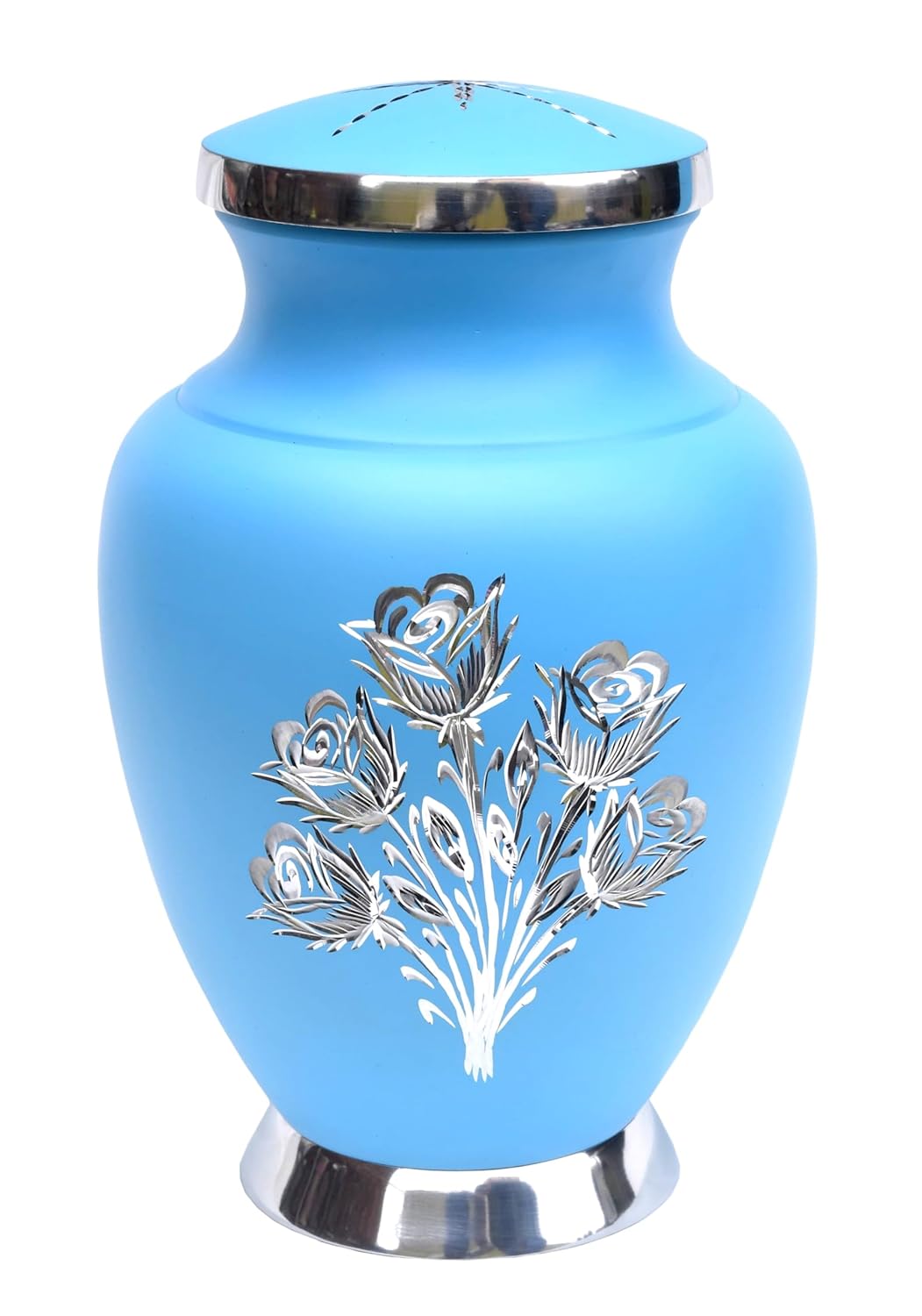 eSplanade Cremation Urn Memorial Human Ashes Container Jar Pot | Burial Funeral Urns | Blue Engraved Flowers - 10 Inches (Full Size)