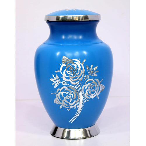 eSplanade Cremation Urn Memorial Human Ashes Container Jar Pot | Burial Funeral Urns | Blue Engraved Flowers - 10 Inches (Full Size)