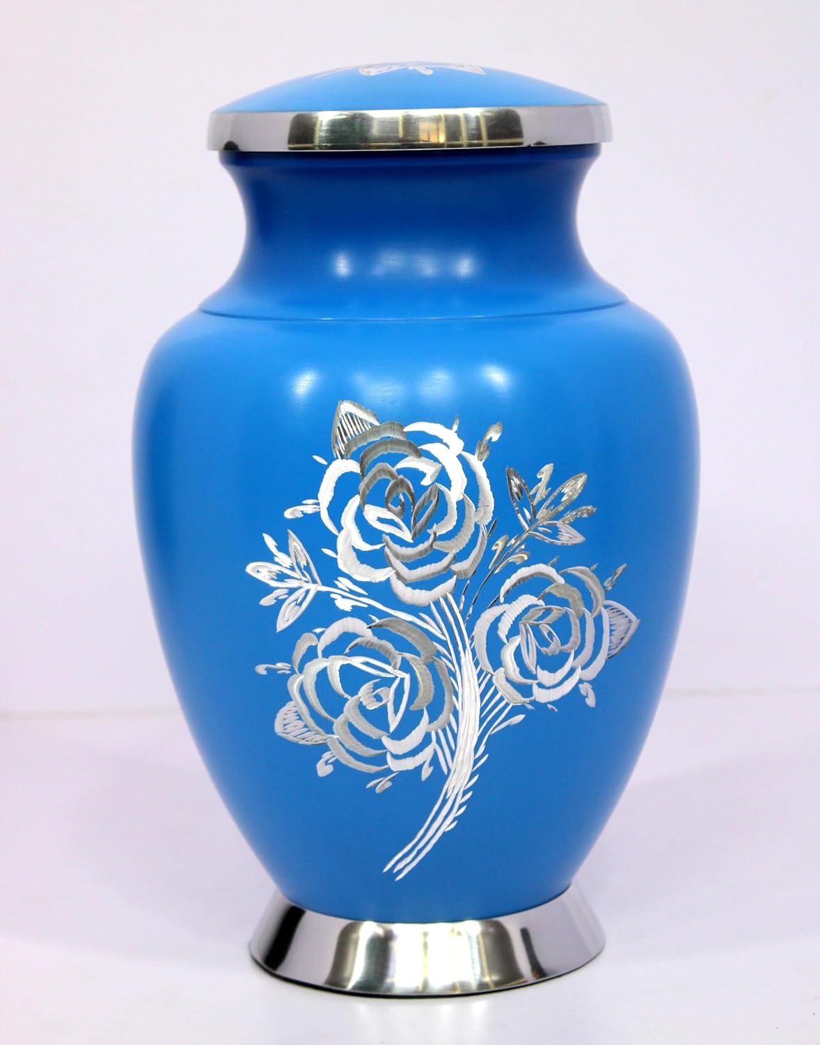 eSplanade Cremation Urn Memorial Human Ashes Container Jar Pot | Burial Funeral Urns | Blue Engraved Flowers - 10 Inches (Full Size)
