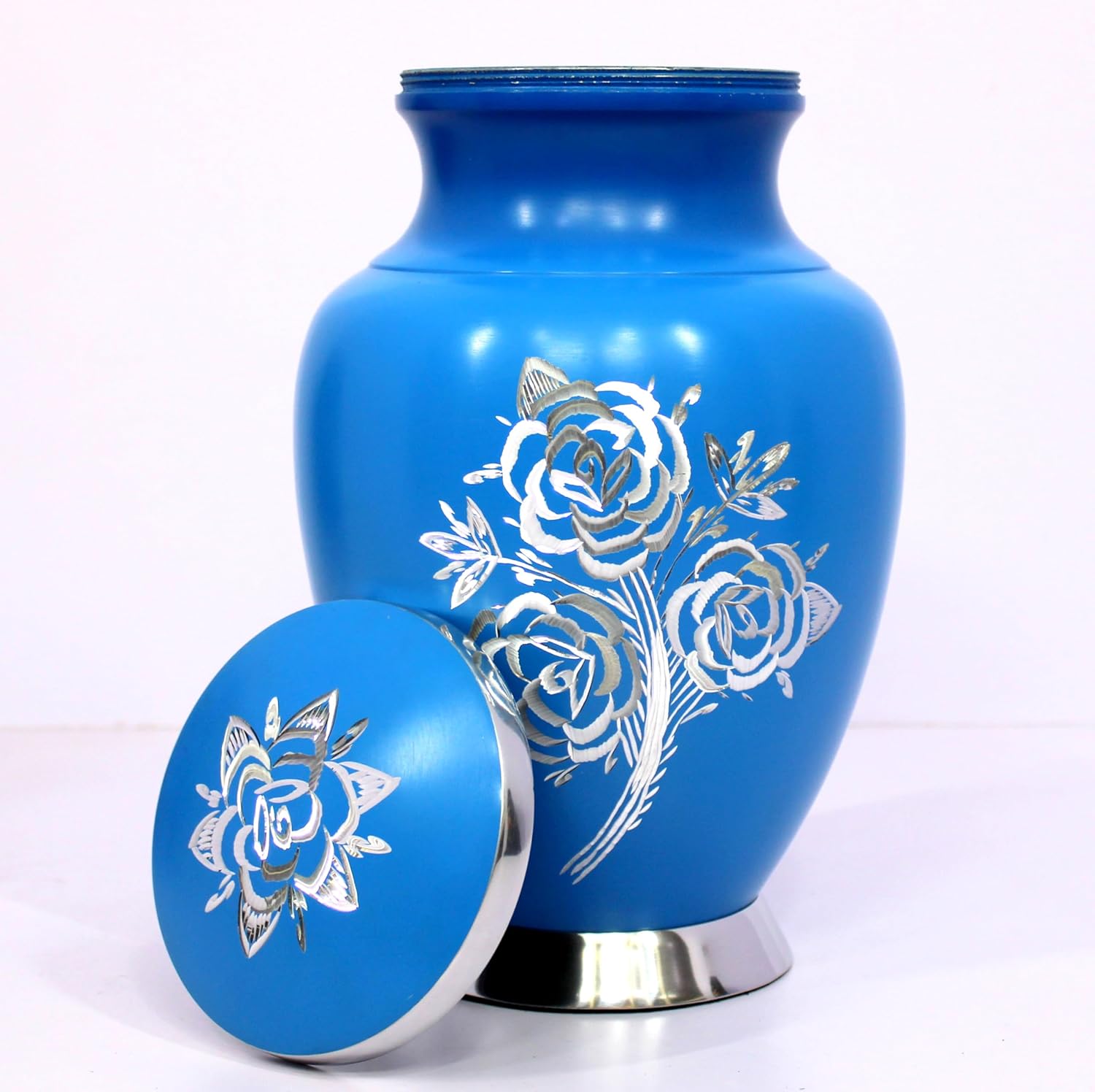 eSplanade Cremation Urn Memorial Human Ashes Container Jar Pot | Burial Funeral Urns | Blue Engraved Flowers - 10 Inches (Full Size)