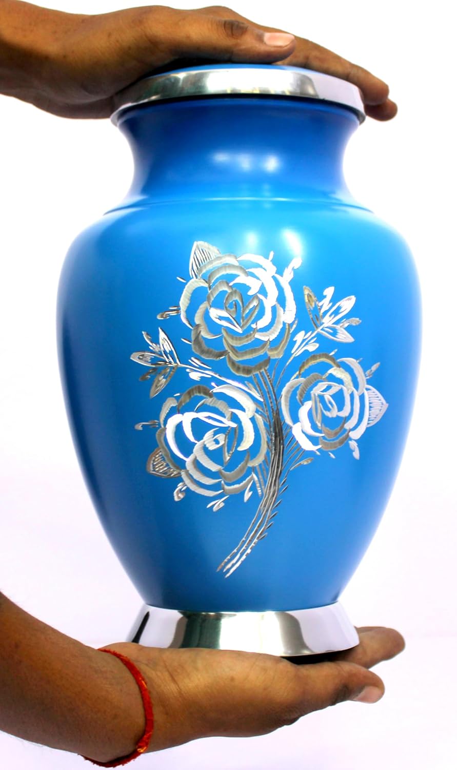 eSplanade Cremation Urn Memorial Human Ashes Container Jar Pot | Burial Funeral Urns | Blue Engraved Flowers - 10 Inches (Full Size)