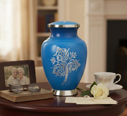 eSplanade Cremation Urn Memorial Human Ashes Container Jar Pot | Burial Funeral Urns | Blue Engraved Flowers - 10 Inches (Full Size)