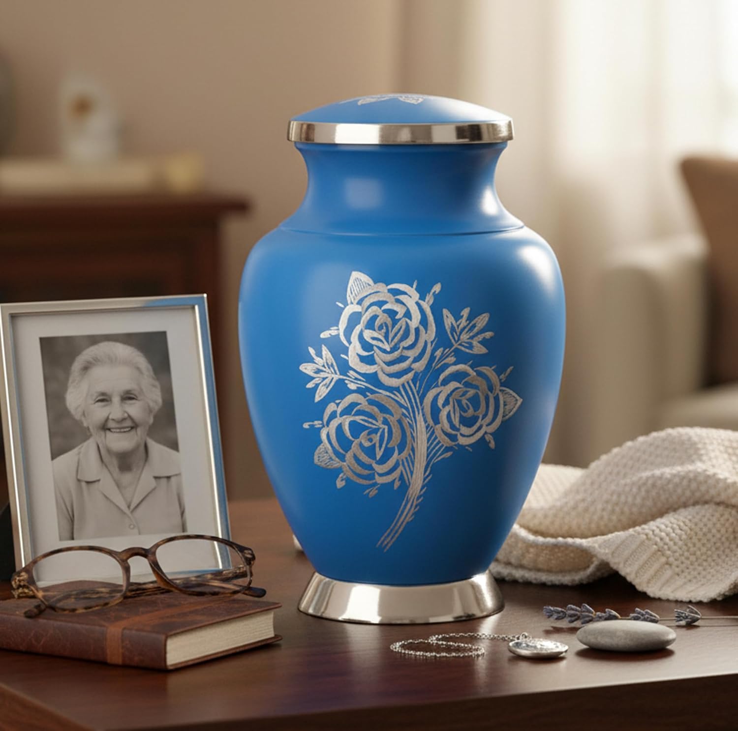 eSplanade Cremation Urn Memorial Human Ashes Container Jar Pot | Burial Funeral Urns | Blue Engraved Flowers - 10 Inches (Full Size)