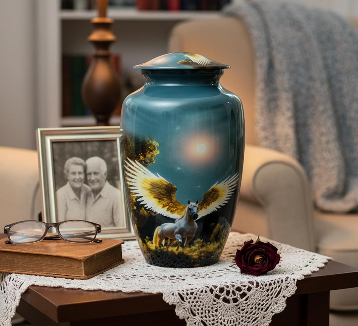 eSplanade Cremation Urn Memorial Human Ashes Container Jar Pot | Burial Funeral Urns | Blue Color Pegasus Flying Horse Print - 10 Inches (Full Size)
