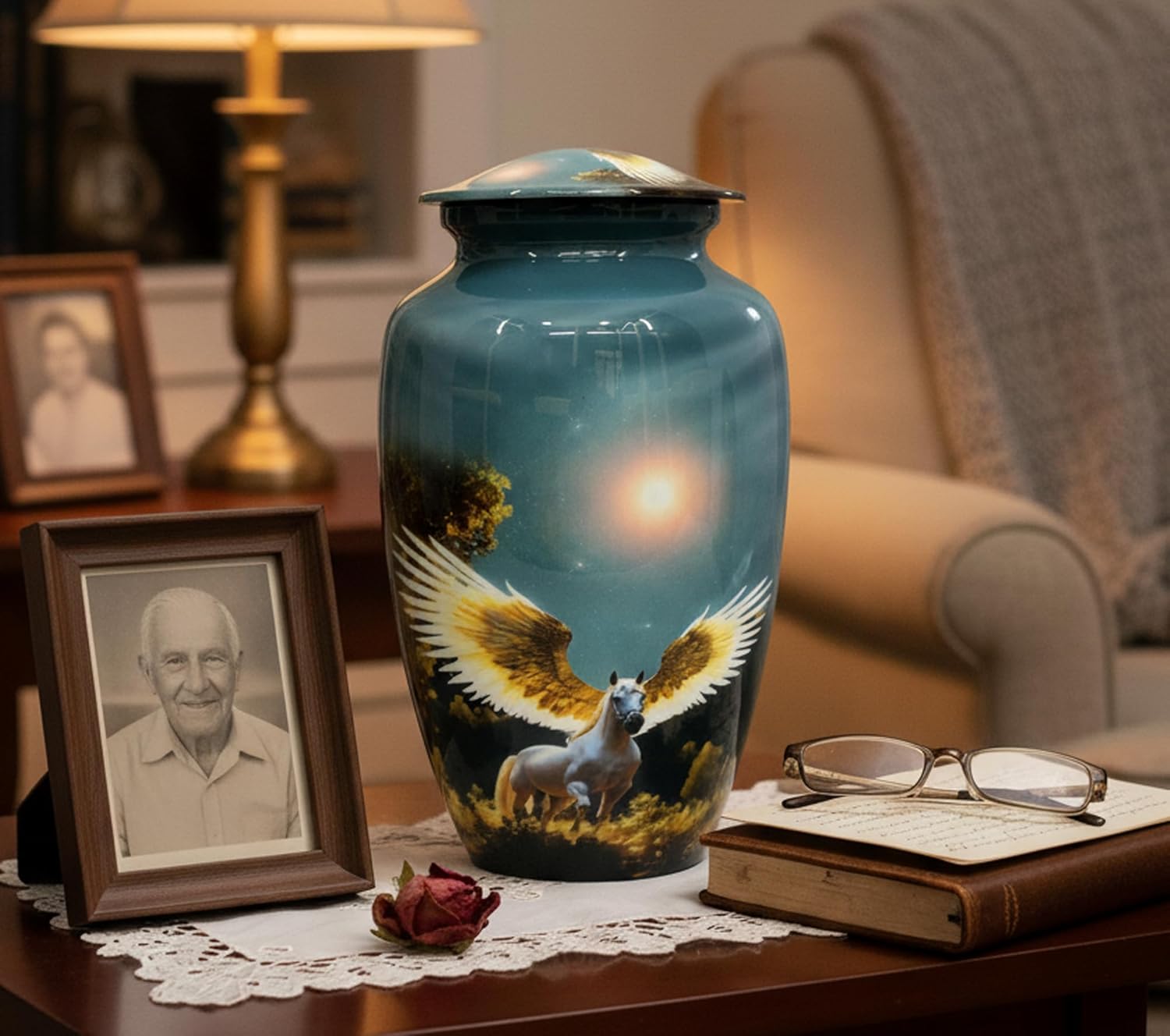 eSplanade Cremation Urn Memorial Human Ashes Container Jar Pot | Burial Funeral Urns | Blue Color Pegasus Flying Horse Print - 10 Inches (Full Size)