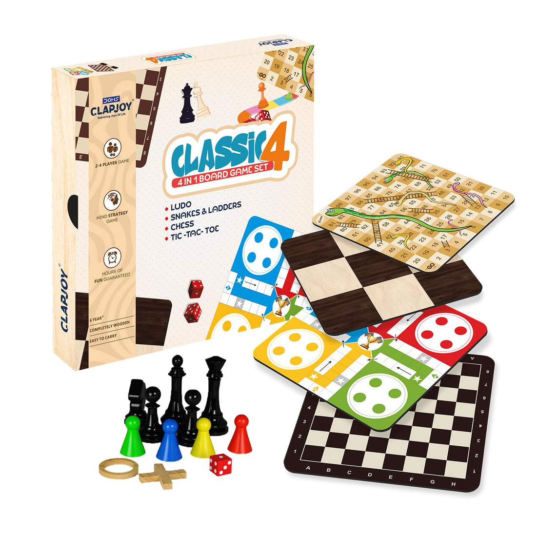 Clapjoy Wooden 4 in 1 Board Game for Kids & Adults| Ludo & Chess |Snake Ladder & Tic Tac Toe| Size 12 x 12 inch | Ideal for Parties, Fun, and Family Game Nights