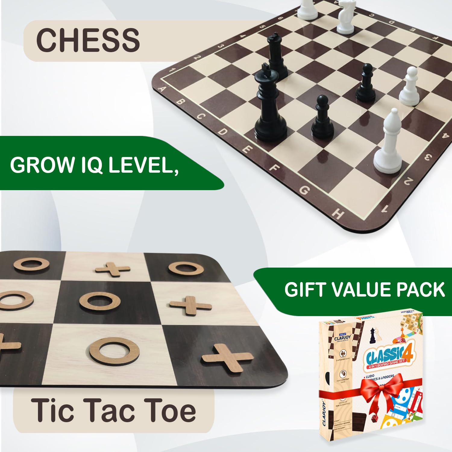 Clapjoy Wooden 4 in 1 Board Game for Kids & Adults| Ludo & Chess |Snake Ladder & Tic Tac Toe| Size 12 x 12 inch | Ideal for Parties, Fun, and Family Game Nights