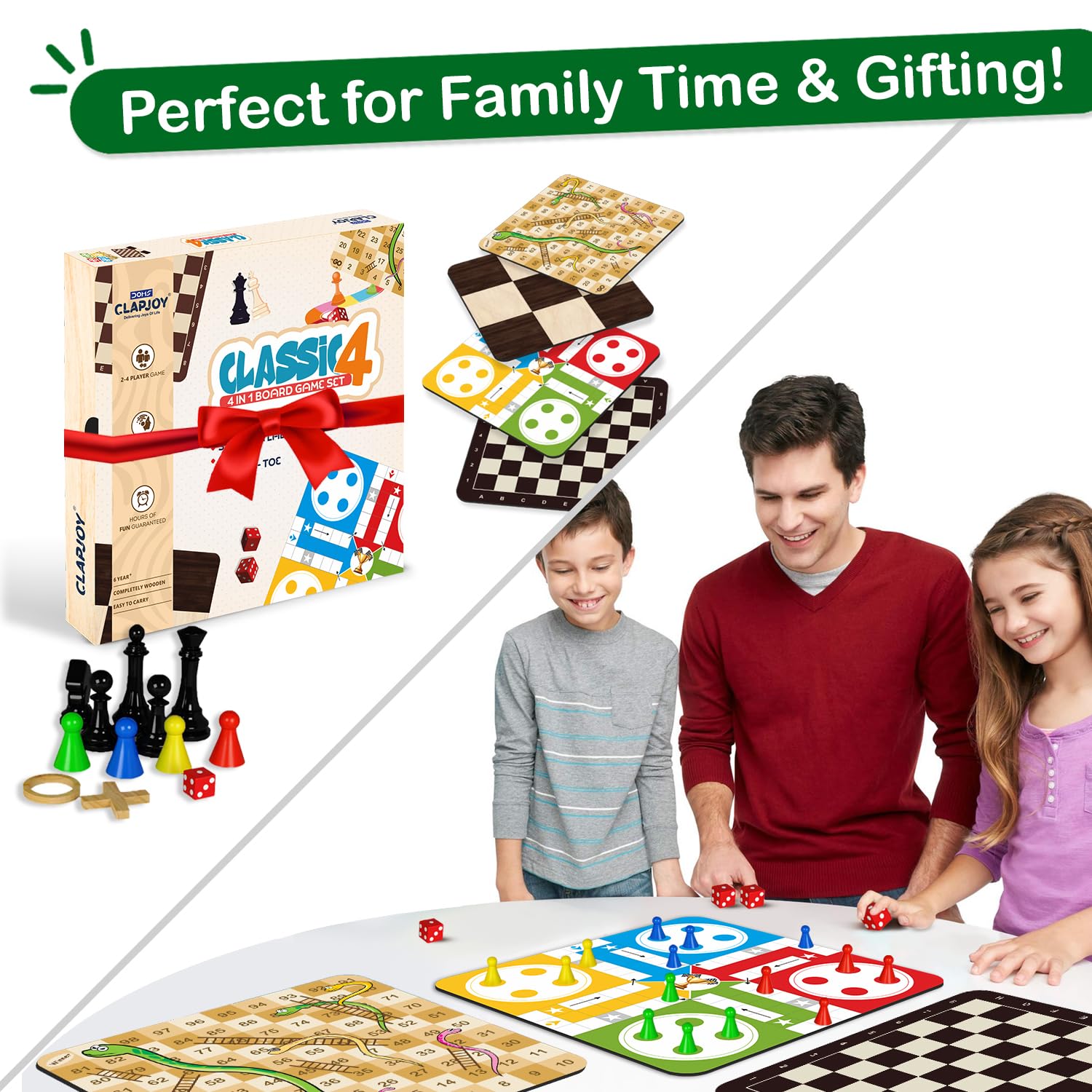 Clapjoy Wooden 4 in 1 Board Game for Kids & Adults| Ludo & Chess |Snake Ladder & Tic Tac Toe| Size 12 x 12 inch | Ideal for Parties, Fun, and Family Game Nights