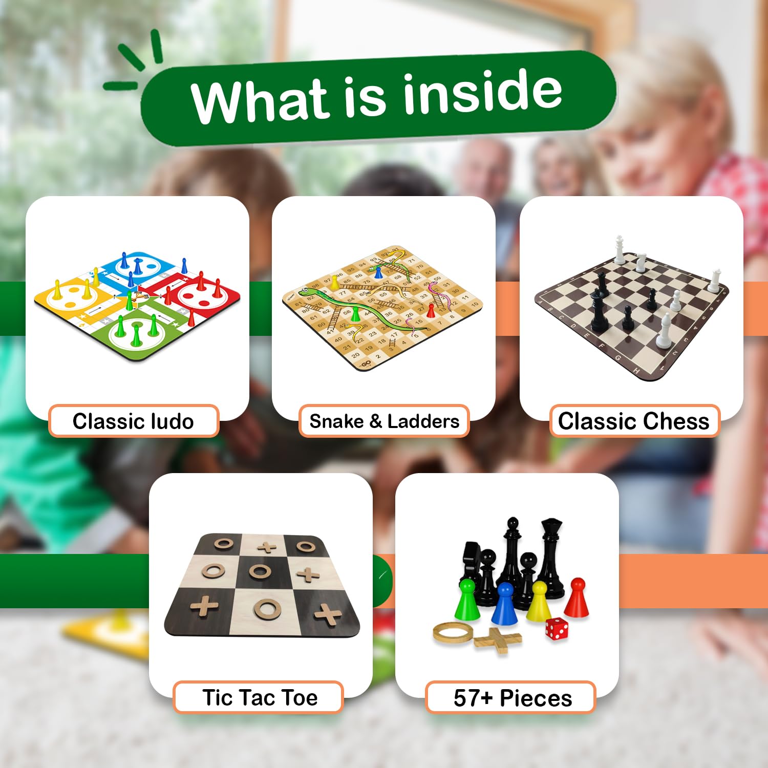 Clapjoy Wooden 4 in 1 Board Game for Kids & Adults| Ludo & Chess |Snake Ladder & Tic Tac Toe| Size 12 x 12 inch | Ideal for Parties, Fun, and Family Game Nights