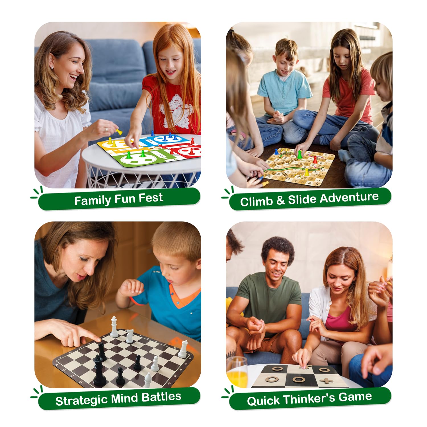 Clapjoy Wooden 4 in 1 Board Game for Kids & Adults| Ludo & Chess |Snake Ladder & Tic Tac Toe| Size 12 x 12 inch | Ideal for Parties, Fun, and Family Game Nights