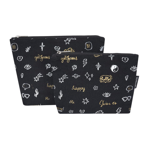 Skapadoro Travel Organiser Multipurpose Pouch Kit for Girls Women, Cotton with PetBottle Recycled Lining Set of 2 - Make-up Pouch, Toiletries Kit (Black)